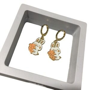 Laminated Gold Bunny Rabbit Dangle Earrings Gold Tone Lever Back Cute  Enamel